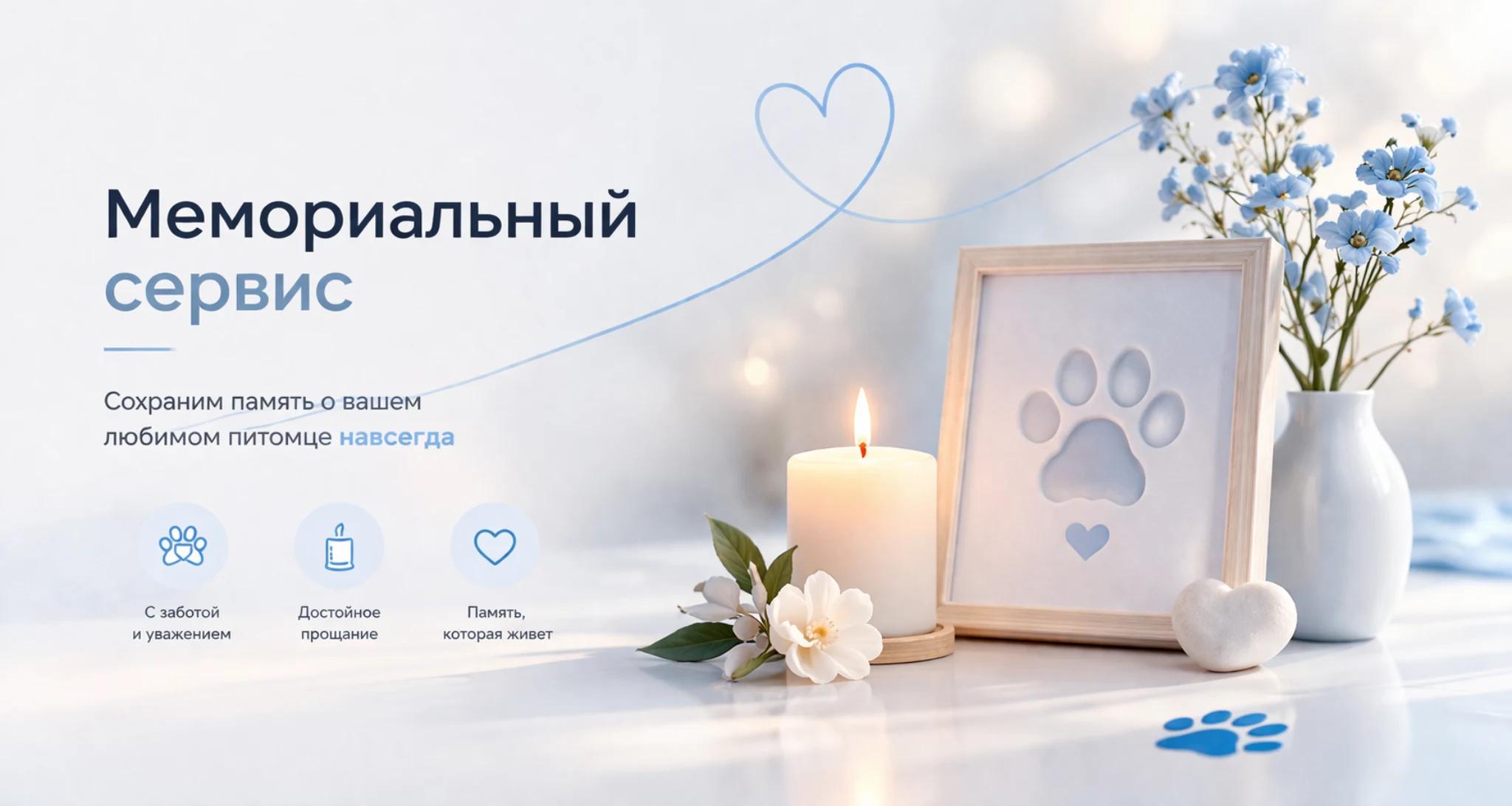 Мемориальный сервис памяти о питомцах: свеча, цветы и рамка памяти в светлом спокойном оформлении
